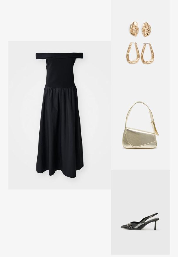 Abito nero scollato sulle spalle con corpino aderente e gonna fluida e arricciata, realizzato in tessuto leggero. Texture liscia, lunghezza al ginocchio.; Scarpa slingback in vernice nera con punta affusolata, cinturini alla caviglia con fibbie in argento e accessori, e tacco sottile.; Borsa a mano metallica dorata con un design strutturato, superficie liscia e tracolla regolabile. Presenta una forma triangolare unica e cuciture minimaliste.; Orecchini in tono oro caratterizzati da forme ondulate eTexture. Comprendono chiusure clip-on scultoree e un design a cerchio aperto con finitura martellata.