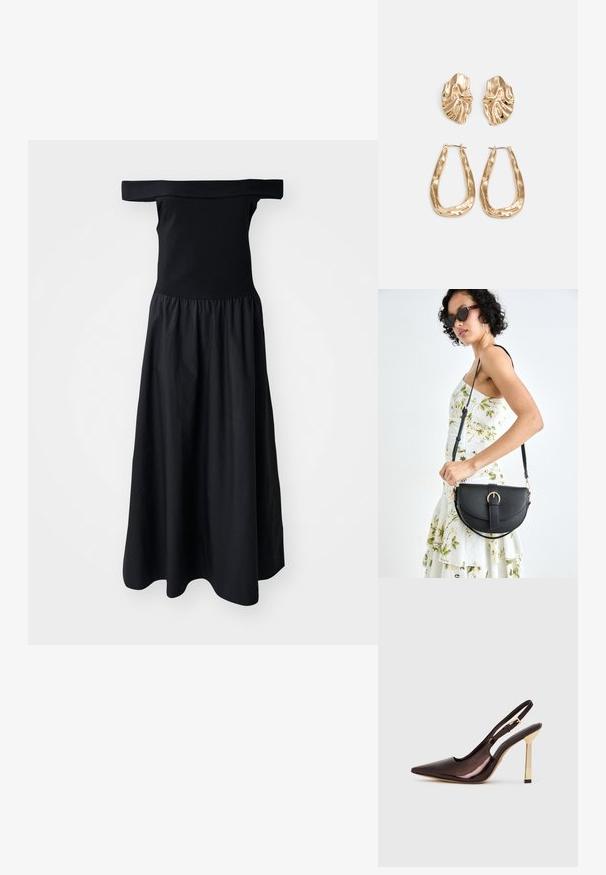 Black off-the-shoulder dress with a fitted bodice and a flowing, gathered skirt, made from lightweight fabric. Smooth texture, knee-length.; Brown patent leather slingback high heel shoe with pointed toe and shiny gold metallic heel against white background.; Black leather handbag with a curved shape, detachable strap, and gold hardware. The bag features a flap with a buckle detail.; Gold-tone earrings featuring textured, wavy shapes. Includes sculptural clip-on studs and open hoop design with a hammered finish.