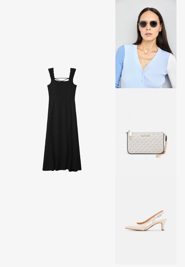 Black dress with a square neckline, ruffled straps, and slits on the sides. Made of textured fabric, featuring a flowing, mid-length design.; White slingback heel with a pointed toe, smooth upper material, low block heel, and side cut-out design with adjustable buckle strap.; Round sunglasses with dark lenses and gold frames. The model wears a light blue, ribbed cardigan with buttons and contrast white sleeves.; Michael Kors wristlet in beige coated canvas featuring a repeating MK logo pattern, gold hardware, and a detachable chain strap.