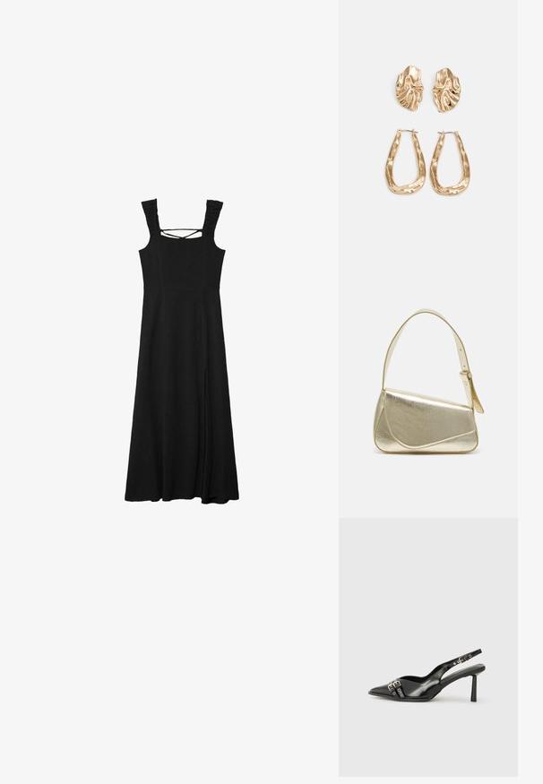 Schwarzes Kleid mit einem quadratischen Ausschnitt, voluminösen Trägern und Schlitzen an den Seiten. Hergestellt aus strukturiertem Stoff, mit einem fließenden, knielangen Design.; Schwarzer Lackleder Slingback-Schuh mit spitzem Zehenbereich, Knöchelriemen mit silbernen Schnallen und Beschlägen sowie einem schlanken Absatz.; Goldfarbene metallische Handtasche mit strukturiertem Design, glatter Textur und verstellbarem Tragegurt. Sie verfügt über eine einzigartige dreieckige Form und minimalistische Nähte.; Ohrringe in Goldoptik mit strukturierten, gewellten Formen. Beinhaltet skulpturale Clip-Ohrringe und ein offenes Hoop-Design mit gehämmertem Finish.
