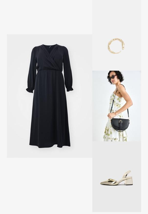Vero Moda Curve VMCMARY ANKEL DRESS - Vestido largo - black; Tacones slingback metálicos dorados con punta afilada y tacón grueso. Textura suave, diseño minimalista y una correa estrecha.; Bolso de piel negra con forma curva, correa desmontable y herrajes dorados. El bolso cuenta con una solapa con un detalle de hebilla.; Anillo en tono dorado con un diseño orgánico y retorcido, con una textura suave y extremos cónicos, creando una apariencia moderna y escultórica.