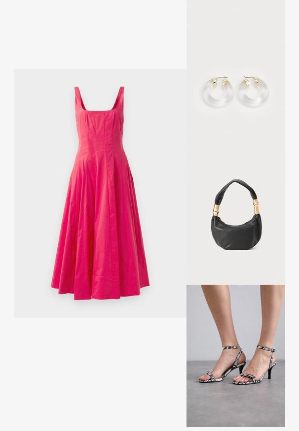 Rozā bezpiedurkņu kleita ar kvadrātveida dekoltē un platām svārku daļām. Gluda tekstūra ar pietiekamu auduma savilkumu jostasvietā, radot apjomīgu siluetu.; Melnās un baltās čūska ādas raksta augstpapēžu sandales ar izsmalcinātām siksniņām un nelielu sprādzi. Papēdis ir slaids un smails.; Melnas ādas rokassoma ar apaļu formu, mīkstu tekstūru un mezgla rokturi, kas rotāts ar zelta tonētiem aksesuāriem. Ar rāvējslēdzēja aizdari.; Caurspīdīgas akrila gredzenveida auskari ar zelta toņa metāla akcentiem un gludu apdari. Iespējas ir vienmērīgas, apaļas formas dizains.