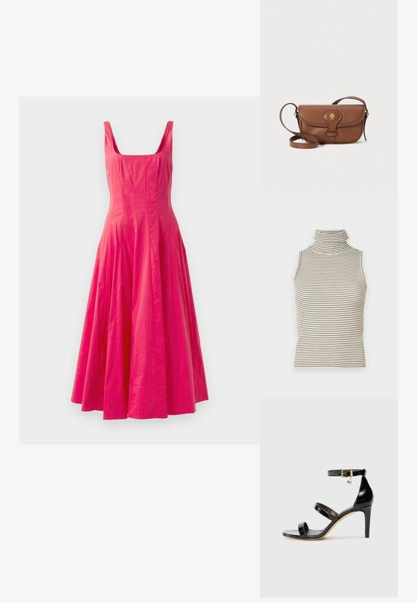 Rožinė be rankovių suknelė su kvadratiniu iškirpimu ir plačiu sijonu. Lygi tekstūra su gausiais audinių susiraukšlėjimais juosmens srityje, sukuriantys apimtinę siluetą.; Bele gydimo viršus be rankovių su vertikaliomis juodai baltomis juostomis, pagamintas iš tekstūruoto mezgimo audinio, turintis aukštą, prigludusią apykaklę.; Juodas patentuotas odinis sandalai su trimis diržais, kulkšnies sagtimi ir 4 colių stiletto kulnu. Yra aukso detalės ir logotipo žavesys.; Ruda odinė per petį nešančia maišelis su kreivą užsegimu, auksine apdaila ir dekoratyvine emblema. Dirželis yra reguliuojamas ir turi lygų paviršių.