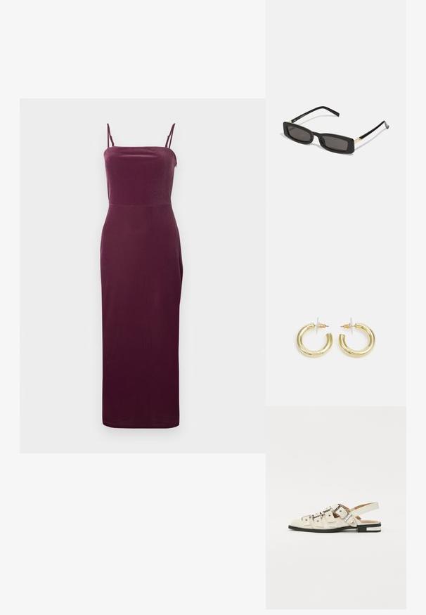 Robe midi bordeaux en tissu lisse, avec fines bretelles spaghetti et une silhouette ajustée qui s'amincit vers l'ourlet.; Sandales à talon ouvert en cuir blanc avec plusieurs larges brides et boucles en argent ; semelle plate avec un petit talon noir et des accents métalliques.; Lunettes de soleil noires rectangulaires avec des verres sombres, monture en plastique brillant et accents dorés sur les branches. Design minimaliste et forme épurée.; Boucles d'oreilles en or avec une finition lisse et brillante. Design circulaire présentant un petit clou et une attache transparente pour un port sécurisé.