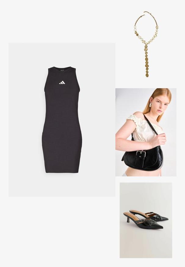 Črna brezrokavna obleka iz mehkega materiala. Ima prilagojeno obliko in bel Adidasov logotip na prsih. Ravna obrobe.; Črne usnjene sandalske pete s oblikovanim prstom, ki vključujejo dekorativne trakove in očične detajle, na zmerni stiletto peti. Gladka tekstura.; Črna usnjena torba za ramo s ukrivljeno obliko, sijoč srebrni okov, in snemljiva oznaka. Gladka tekstura z diskretno šivnimi detajli.; Zlatov chronatost ovratnik, ki vključuje nepravilno teksturirane povezave z Y-oblikovanim spuščanjem, poudarjeno s centralnim obeskom, ki spominja na plasteh kovancev.