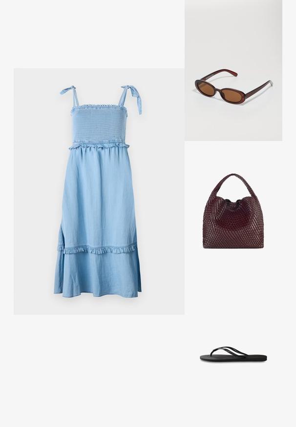 Hele sinine, ilma varrukateta kleit, millel on smockitud rinnaosa, volangiga kaunistused ja laienev seelik. Kangas tundub pehme, kerge tekstureeritud pinnaga.; Mustad mustes suss, millel on tekstureeritud kummist põhi, kaks peenikest rihma ja tagasihoidlik, reljeefne logo detail rihmal.; Ümar, pruunikased päikeseprillid läikiva burgundia raami ja peente kaubamärgi detailidega. Peened sangad ja lame läätsedesain.; Kootud burgundia punane käekott, millel on ümar kuju ja üks sang, millel on tekstureeritud pind ja elastne köidiku sulgemine.