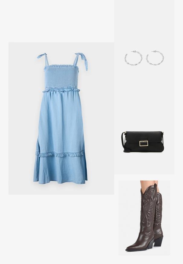 Rochie bleu deschis, fără mâneci, cu un bust elastic, accente volătuțe și o fustă evazată. Țesătura pare moale, cu un finisaj ușor texturat.; Bocanci de cowboy din piele maro, cu vârf ascuțit și toc pătrat, având cusături detaliate și accente ridicate pe tijă.; Geantă de mână din piele neagră, cu clapetă și un detaliu din metal auriu. Include o curea neagră și un design elegant, minimalist.; Cercei din argint cu un design torsadat, având un finisaj lucios și închidere cu tijă. Au un diametru de aproximativ 3 cm.