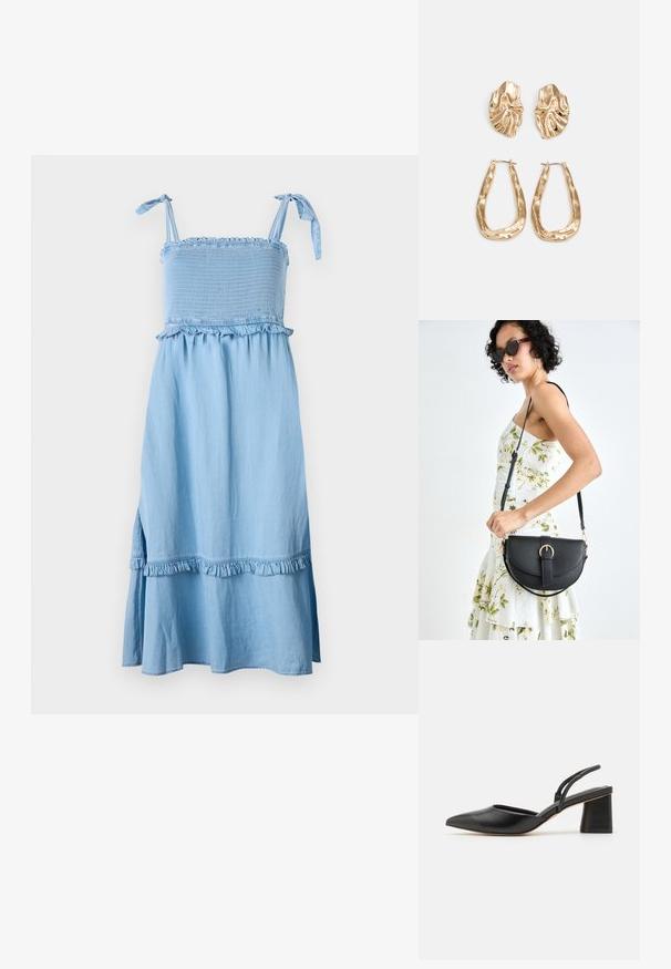 Lys blå, ermeløs kjole med smocked liv, volangdetaljer og utsvingt skjørt. Stoffet ser mykt ut med en lett teksturert finish.; Sorte spisse slingback-sko laget av glatt lær, med lav blokkhelt og tynne stropper bak for sikker passform.; Svart lærveske med en buet form, avtagbar stropp og gullbeslag. Vesken har et klaff med spenne-detall.; Gullfargede øredobber med teksturerte, bølgete former. Inkluderer skulpturelle klipsstuds og åpen hoop-design med en hamret finish.