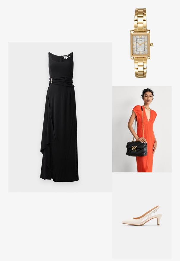 Black sleeveless dress with a fitted top, wrap-style waist featuring a gold accent, and an asymmetrical hem for a flowing silhouette.; White slingback heel with a pointed toe, smooth upper material, low block heel, and side cut-out design with adjustable buckle strap.; Black leather handbag with quilted design and gold hardware, featuring a decorative clasp. The bag has a chain strap and is held in hand.; Gold-tone rectangular wristwatch with a white dial, silver-tone hour markers, and a durable metal link bracelet. Water-resistant feature included.