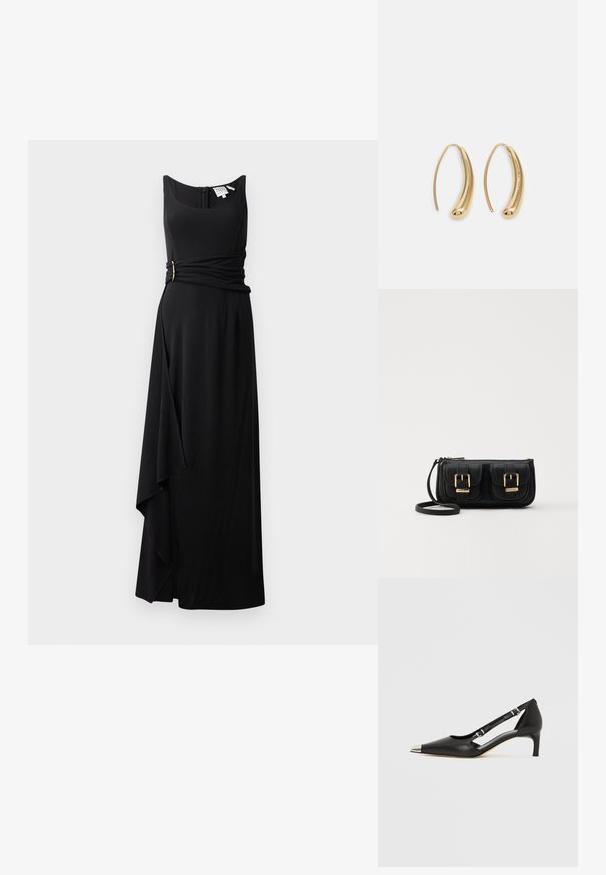 Black sleeveless dress with a fitted top, wrap-style waist featuring a gold accent, and an asymmetrical hem for a flowing silhouette.; Black leather kitten heel with pointed silver toe cap and dual buckle straps on a white background.; Black leather crossbody bag with two front pockets, gold buckles, zipper closure, and a slim strap. Textured surface and compact rectangular shape.; Gold-tone metal hoop earrings with a curved, elongated shape. Features a smooth, shiny surface and a rounded tip for added detail.
