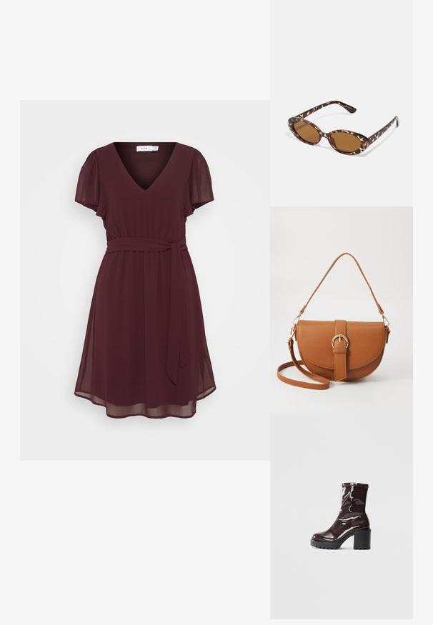 Burgundské šaty z ľahkej tkaniny, s výstrihom do V, krátkymi puff rukávmi, zoštíhleným pásom a viazaným opaskom. Jemná A-línia siluety.; Lesklé burgundské kotníkové boty s robustním černým podpatkem, s hladkou strukturou a jednoduchým designem. Bez viditelných zapínání nebo vzorů.; Tortoise-shell slnečníky s oválnymi sklami, hnedo tónovanými, tenkými stranami so vzorom, ľahký plastový rám.; Hnedá kožená kabelka cez telo s zakriveným tvarom, zlatými kovovými doplnkami a akcentom s prackou. Obsahuje odnímateľný ramenný popruh.