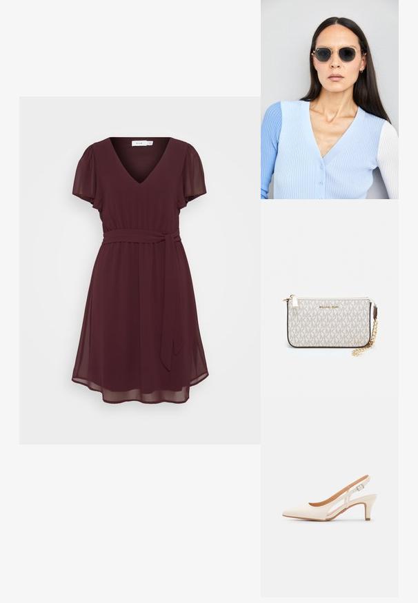 Burgonya színű ruha könnyű anyagból, V kivágással, rövid puffos ujjakkal, beszíjazott derékkal és megkötős övvel. Finom A-vonalú sziluett.; Fehér slingback sarok, hegyes orral, sima felső anyaggal, alacsony blokk sarkával és oldalsó kivágott dizájnnal, állítható csatpánttal.; Kerek napszemüveg sötét lencsékkel és arany kerettel. A modellen világoskék, bordázott kardigán van gombokkal és kontrasztos fehér ujjaival.; Michael Kors bézs bevonatos vászon karkötő, amely ismétlődő MK logó mintával, aranyszínű fémrészletekkel és levehető lánchordóval rendelkezik.