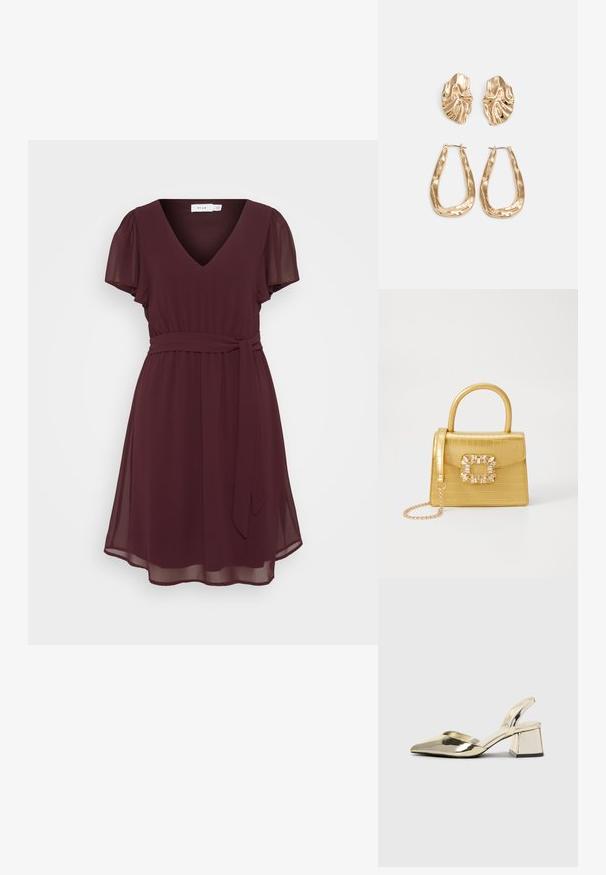 Bordo kleita no viegla auduma, ar V-veida kaklu, īsām pūkainām piedurknēm, pieguļošu jostas vietu un sasietu jostu. Maigs A-formas siluets.; Zeltaini, metāla kurpes ar siksniņām, norakans purngalis un masīla papēdis. Gluda tekstūra, minimālisma dizains un šaura siksna.; Dzeltena mākslīgā krokodila roku soma ar strukturētu dizainu, augšējo rokturi, noņemamu ķēdes siksniņu un dekoratīvām kristāla rotājumiem aizdares daļā.; Zelta krāsas auskari ar teksturētām, viļņotām formām. Iekļauts skulpturāls piespraužams modelis un atvērta gredzenveida konstrukcija ar izsistām virsmām.