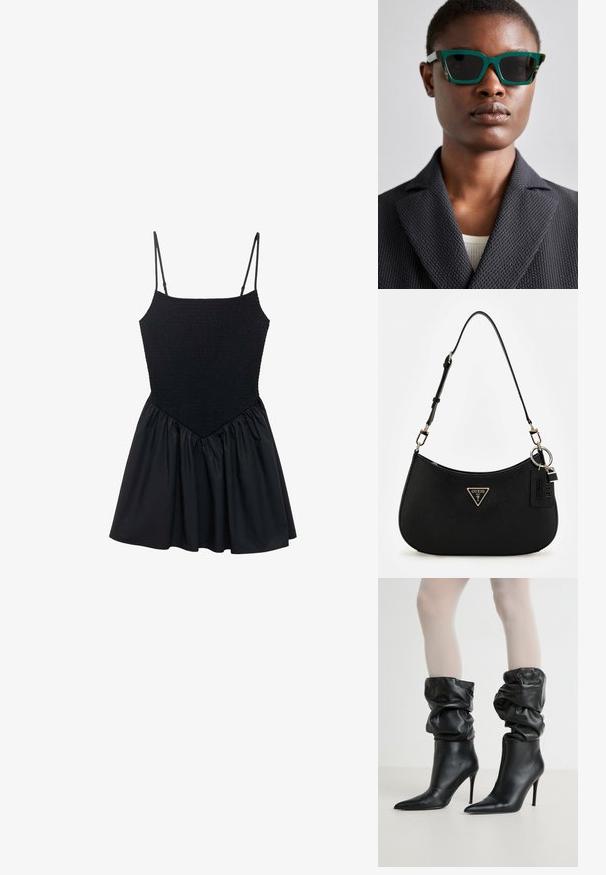 Schwarzes Kleid mit einem gerafften Oberteil und verstellbaren Spaghetti-Trägern. Der Rock ist gerafft, was eine ausgestellte Form erzeugt. Glatte Textur überall.; Schwarze Leder-Ankle-Boots mit einem lässigen Design, spitzem Zehenbereich und hohem Stiletto-Absatz, die einen weichen, strukturierten Abschluss am Schaft haben.; Grüne und gemusterte Sonnenbrille mit einem geometrischen Rahmen; dunkle Gläser; das Model trägt ein strukturiertes schwarzes Sakko über einem hellen Oberteil.; Schwarze synthetische Schultertasche mit geschwungenem Silhouette, strukturiertem Finish, goldenem Dreiecks-Logo und abnehmbaren Hardware-Akzenten.