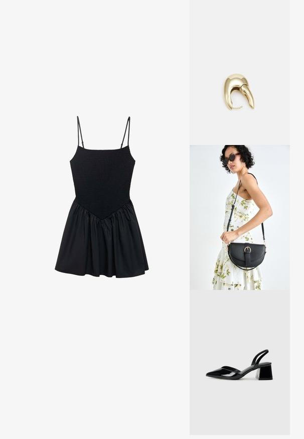 Crna haljina s nabranim korzetom i podesivim trakama. Suknja je nabrana, stvarajući oblik u obliku zvona. Glatka tekstura kroz cijelu haljinu.; Crne lakirane kožne sandale s otvorenom petom i špicastim vrhom, s geometrijskom blok petom. Imaju elegantan, minimalistički dizajn i glatku teksturu.; Crna kožna torba s lukovitim oblikom, odvojivim remenom i zlatnim detaljima. Torba ima preklop s kopčom.; Zlatne metalne naušnice s elegantnim, zakrivljenim dizajnom. Imaju karakterističan šiljast oblik, poliranu površinu i zatvaranje na šarku.