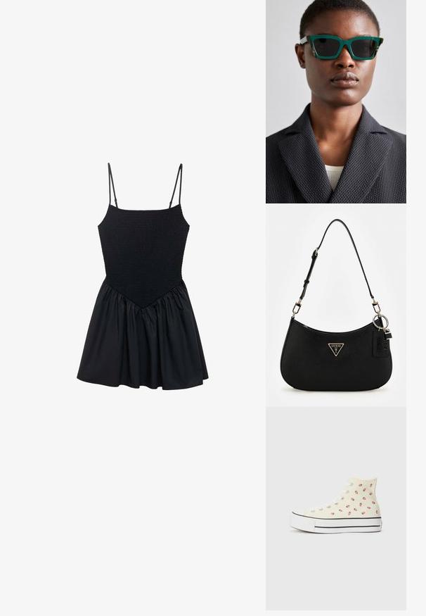 Czarna sukienka z marszczonym gorsetem i regulowanymi ramiączkami spaghetti. Spódnica jest marszczona, tworząc rozkloszowany kształt. Gładka tekstura na całej powierzchni.; Wysokie trampki wykonane z żółtej płótna, z wzorem małych czerwonych truskawek, białymi sznurowadłami i białą podeszwą w czarne paski.; Zielone i wzorzyste okulary przeciwsłoneczne z geometryczną oprawką; ciemne soczewki; modelka nosi teksturowaną czarną marynarkę na jasnej bluzce.; Czarna syntetyczna torba na ramię o zaokrąglonym kształcie, z teksturowanym wykończeniem, złotym logo w kształcie trójkąta i odczepianymi akcentami ze sprzętu.