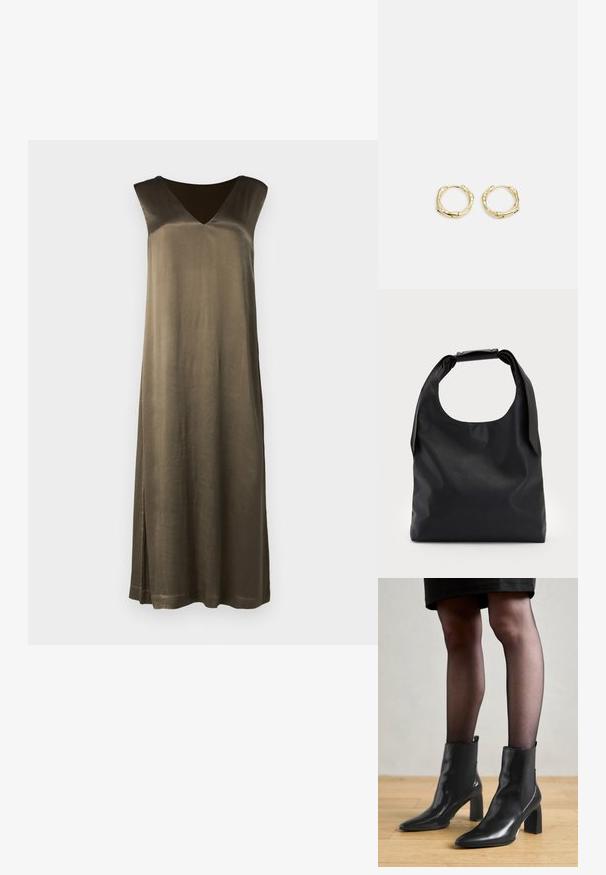 Duga, maslinasto zelena haljina bez rukava s V-izrezom, glatkom teksturom i bočnim prorezom. Izrađena je od materijala sličnog svili. Jednostavna, ravna silueta.; Crne kožne gležnjače s šiljastim vrhom, robusnim četvrtastim potplatom i elegantnim dizajnom. Imaju elastične bočne panele za jednostavno oblačenje.; Crna kožna hobo torba s jednim mekanim, zaobljenim ručkom; karakterizira je glatka tekstura i minimalistički dizajn. Nema vidljivih hardverskih detalja ili akcenata.; Zlatne okrugle naušnice s teksturiranim, nepravilnim oblikom. Imaju nevidljivo zatvaranje i polirani završni sloj, što naglašava moderan dizajn.