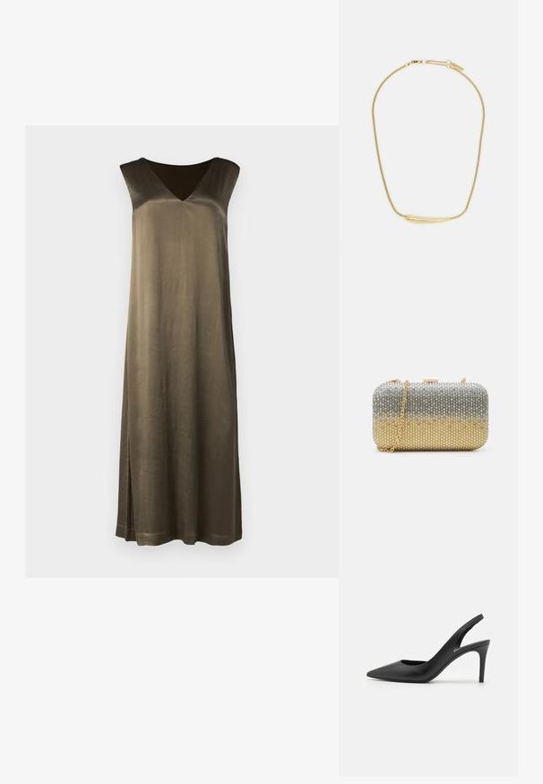 Dlhé, olivovozelené šaty bez rukávov s výstrihom do V, hladkou textúrou a bočným rozparkom. Vyrobené z materiálu podobného hodvábnemu. Jednoduchý, rovný strih.; Čierne kožené slingback vysoké podpätky s dizajnom špicatých špičiek, s výrezom vpredu a tenkým stiletto podpätkom.; Mascara Listová kabelka - gold-coloured/silver-coloured; Zlatom pozlátený náhrdelník s hladkým, zakriveným centrálnym akcentom. Obsahuje flexibilný reťaz s karabínkovým zapínaním a ďalšími nastaviteľnými článkami reťaze.