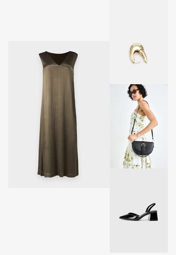 Garšs, olīvu zaļš bezpiedurkņu kleita ar V-veida kakla izgriezumu, gludu tekstūru un sānu šķēlumu. Izgatavota no zīda līdzīga materiāla. Vienkārša, taisna silueta.; Melna lakota āda ar atvērto papēdi, ar smailu purngalu un ģeometrisku blokpapēdi. Iezīmējas elegants, minimāls dizains un gluda tekstūra.; Melnas ādas rokassoma ar izliekta formu, noņemamu siksnu un zelta aksesuāriem. Somai ir vāciņš ar sprādzes detaļu.; Zeltīti metāla auskari ar gludu, izliekta dizaina. Ar atšķirīgu smailu formu, pulētu virsmu un eņģu aizdari.