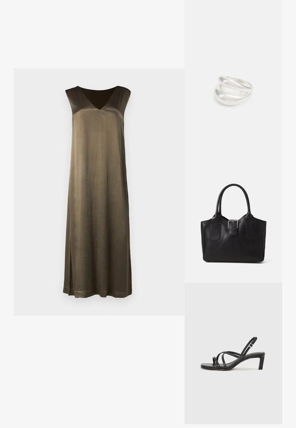 Robe sans manches longue, vert olive, avec un décolleté en V, texture lisse et fente sur le côté. Fabriquée en matériau semblable à de la soie. Silhouette simple et droite.; Sandale noire à lanières avec un bout carré et un petit talon bloc. Elle présente plusieurs fines lanières et une sangle de cheville ajustable. Fabriquée en cuir lisse.; Sac fourre-tout en cuir noir avec une texture lisse, une forme structurée, deux poignées et un détail en boucle argentée proéminent à l'avant.; Bague en argent à double bande avec une surface lisse et polie. Présente un design fluide et courbé avec des sections qui se chevauchent pour un look moderne.