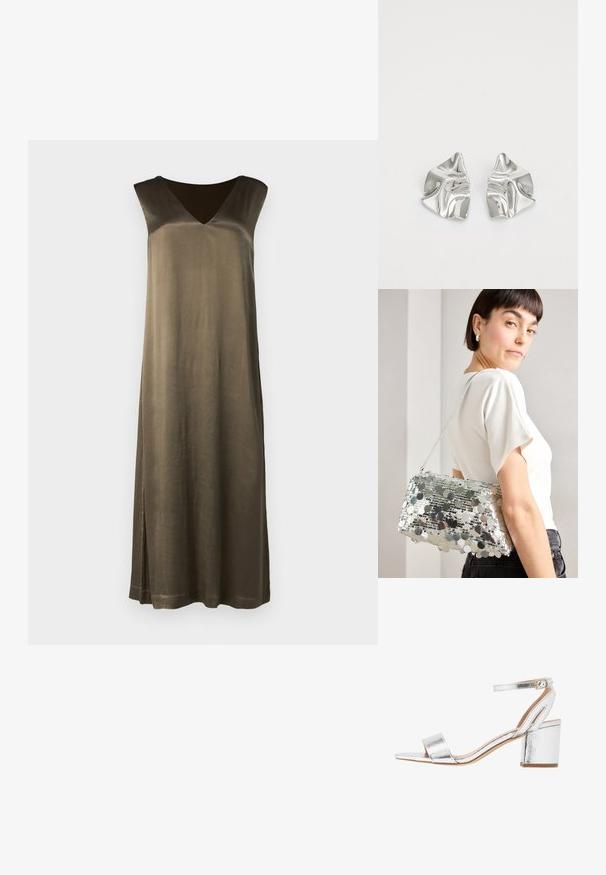 Rochie lungă, verde-oliv, fără mâneci, cu decolteu în V, textură netedă și fanta laterală. Fabricată dintr-un material asemănător cu mătasea. Siluetă simplă, dreaptă.; Sandale cu toc din metalice argintii, cu un brâu lat la degetul mare, brâu pentru gleznă și toc de tip bloc. Textură netedă cu un finisaj strălucitor și design minimalist.; Geantă de umăr din paiete argintii, cu o formă rectangulară, textură netedă și o curea de umăr. Prezintă paiete circulare reflectorizante dispuse în modele.; Cercei din metal argintiu cu un design sculptural ondulat, prezentând o finisare lucioasă și forme neregulate, evidențiind o estetică contemporană.