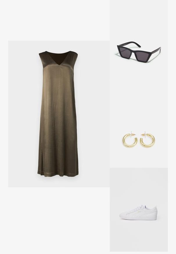 Garšs, olīvu zaļš bezpiedurkņu kleita ar V-veida kakla izgriezumu, gludu tekstūru un sānu šķēlumu. Izgatavota no zīda līdzīga materiāla. Vienkārša, taisna silueta.; Baltās zemas Puma kedas ar šņorēšanu priekšpusē, diskrēta zīmola simbolika uz sāniem un zoles, kā arī gluda sintētiska virsma ikdienas valkāšanai.; Melni, stūrveida saulesbrilles ar pelēkiem objektīviem; izgatavotas no plastmasas, ar biezām kājām, kam ir gluda virsma un nav redzamu stiprinājumu.; Zelta auskari ar gludu, spīdīgu apdari. Apaļš dizains, kas ietver mazu tapu un caurspīdīgu pamatni drošai valkāšanai.