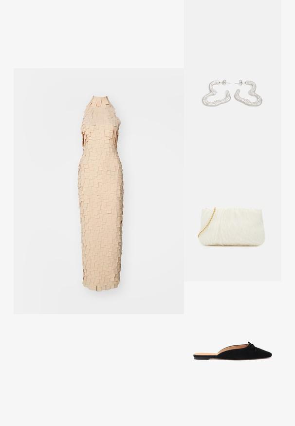 Persiku krāsas kleita ar unikālu teksturētu dizainu, kas sastāv no slāņotiem, taisnstūra auduma gabaliem. Bežarona ar augstu dekoltē un pieguļošu formu.; Melna zamšāda slip-on apava ar norādītu purngalu un mazu dekoratīvu banti uz vamp, ar platu zoli un atvērtu aizmuguri.; Balta teksturēta pleca soma ar salocītu dizainu, kas aprīkota ar zelta ķēdes siksnu. Gluda virsma ar smalkām viļņveida formām un noapaļotām malām.; Sudraba tonī izgatavoti auskari ar viļņveidīgu, abstraktu dizainu, rotāti ar mazām, spīdīgām kristāla pērlītēm. Droša kniedes aizmugurējā aizdare.