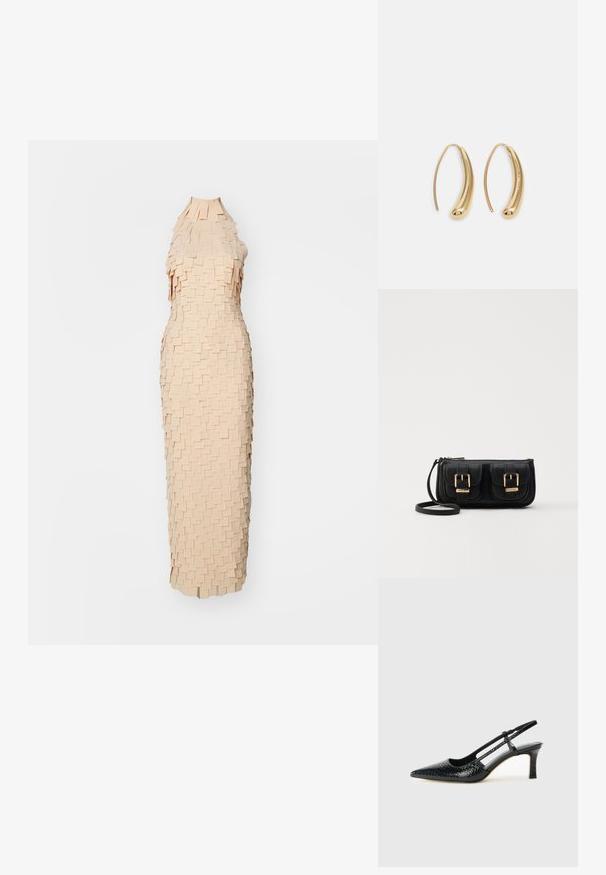 Virsikavärvi kleit, millel on ainulaadne tekstuuriga disain, mis sisaldab kihilisi, ristkülikukujulisi kanga tükke. Käteteta, kõrge kaelusega ja keha lähedane lõige.; Mustmust paelad, millel on terav varvas, tekstuuriga maduprindiga, reguleeritav rihm ja lühike tekstuuriga plokknina.; Must küllastamata nahast õlakott, millel on kaks esist nähtavat taskut, kuldsed pandlad, tõmblukuga sulgemine ja peen rihm. Tekstuuriga pind ja kompaktne ristkülikukujuline kuju.; Kuldtoonilised metallist rõngas kõrvarõngad, millel on kõver ja piklik kuju. Omavad siledat, läikivat pinda ja ümarat tipptugevdust, mis lisab detaili.