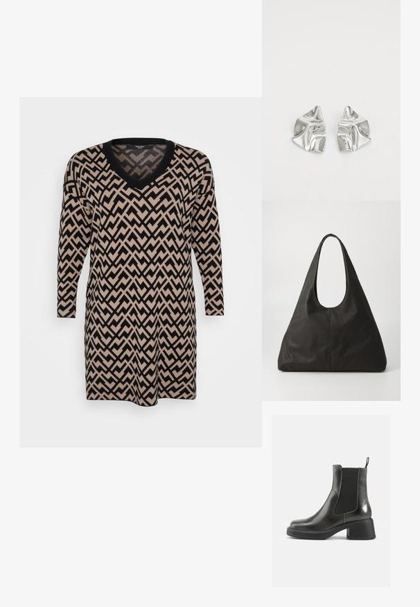 Mezgimo suknelė su V formos iškirpte, ilgomis rankovėmis ir zigzago raštu juodos ir smėlio spalvos, minkšta tekstūra ir laisvas kirpimas.; Juodos odinės kulkšninių botai su lygia apdaila, elastingais šonais ir storu kulnu. Yra vilkimo kilpa, skirta patogesniam apsiaustui.; Juoda odinė rankinė su išlenktu užtrauktuku, pailga trigubos formos ir glotnia paviršiumi. Pasižymi minimalistiniu dizainu be matomų detalių.; Sidabriniai metaliniai Auskarai su banginiu, skulptūriniu dizainu, pasižymintys poliruotu paviršiumi ir nereguliariomis formomis, išryškinančiomis šiuolaikišką estetiką.