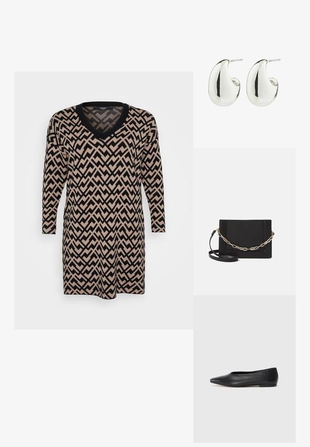 Adīta kleita ar V-veida kaklu, garām piedurknēm un zigzaga rakstu melnā un bēšā krāsā, ar mīkstu tekstūru un brīvu piegriezumu.; Melna ādas baleta kurpe, ar norādītu purngalu, minimālisma dizains, gluda tekstūra, zema papēža augstums, bez redzamiem aksesuāriem vai rotājumiem.; Melna ādas crossbody soma ar gludu faktūru, taisnstūrveida formu un metalizētu ķēdes detaļu priekšā. Iekļauta regulējama siksna.; Sudraba tonēta metāla auskari ar gludu, noapaļotu asaru formu un pulētu apdari, ar stiepļa aizmuguri, nodrošinot drošu valkāšanu.