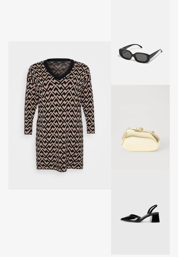 Pletené šaty s výstřihem do V, dlouhými rukávy a zigzagovým vzorem v černé a béžové barvě, s měkkou strukturou a uvolněným střihem.; Černé lakované kožené lodičky na pásku s špičatou špičkou a geometrickým blokovým podpatkem. Vyznačují se elegantním, minimalistickým designem a hladkým povrchem.; Černé obdélníkové sluneční brýle s tmavými skly. Silný plastový rámeček, hladký povrch a zaoblené hrany. Stylové stranice vycházejí ven.; Metalická zlatá kabelka s hladkým, zaobleným tvarem, opatřená horním zapínáním na knoflík a malým řetízkovým popruhem pro nošení.