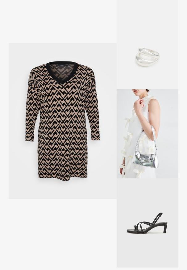 Kootud kleit, millel on V-kaelus, pikad varrukad ja must-beezide sektsioonidega laineline muster, pehme tekstuur ja vabalt istuv lõige.; Mustast rihmajalatsid ruudukujulise varba ja madala ploki kontsaga. Omab mitmeid õhukesi rihmasid ja reguleeritavat pahkluu rihma. Valmistatud siledast nahast.; Hõbedane metallik käekott struktureeritud kujuga, millel on ülemine sang ja ettepoole suunatud paeladetail. Sile tekstuur, peegeldav viimistlus.; Hõbedane kahekordne rõngas sujuva, poleeritud pinnaga. Omab voolavat, kõverat disaini, millel on kattuvad sektsioonid, et saavutada kaasaegne ilme.