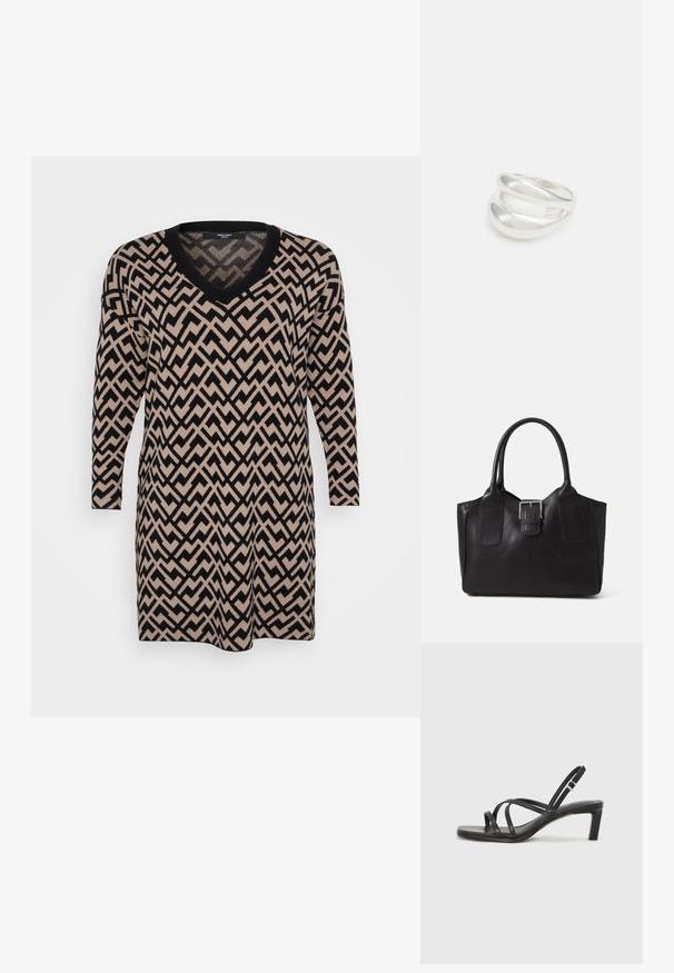 Strickkleid mit V-Ausschnitt, langen Ärmeln und einem Zickzackmuster in Schwarz und Beige, gefertigt aus weichem Material und mit lockerer Passform.; Schwarze Sandale mit Riemchen, quadratischer Zehenform und niedrigem Blockabsatz. Verfügt über mehrere dünne Riemen und einen verstellbaren Knöchelriemen. Hergestellt aus glattem Leder.; Schwarze Leder-Tote mit glatter Textur, strukturiertem Design, zwei Griffen und einem auffälligen silbernen Schnallen-Detail auf der Vorderseite.; Silberner Doppelring mit einer glatten, polierten Oberfläche. Verfügt über ein fließendes, kurviges Design mit überlappenden Abschnitten für einen modernen Look.