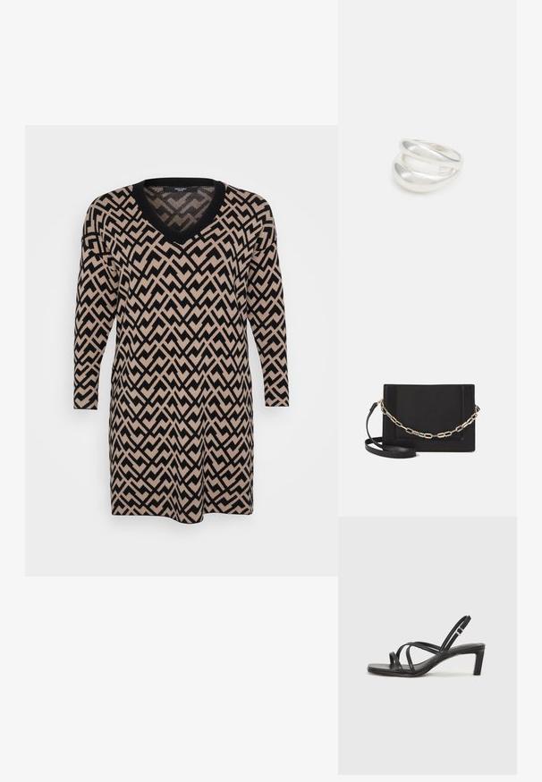 Pletené šaty s výstrihom do V, dlhými rukávmi a cik-cak vzorom v čiernej a béžovej farbe, s jemnou textúrou a uvoľneným strihom.; Čierne sandále na vysokom podpätku so štvorcovou špičkou a nízkym blokovým podpätkom. Obsahujú viacero tenkých popruhov a nastaviteľný členkový popruh. Vyrobené z hladkej kože.; Čierna kožená crossbody taška s hladkou textúrou, obdĺžnikovým tvarom a kovovým reťazovým detailom na prednej strane. Súčasťou je nastaviteľný popruh.; Strieborný prsteň s dvojitým pásikom s hladkým, lesklým povrchom. Má plynulý, zakrivený dizajn s prekryvajúcimi sa časťami pre moderný vzhľad.