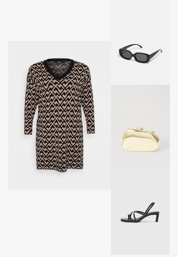 Strikkekjole med V-hals, lange ermer og zigzag-mønster i svart og beige, med myk tekstur og avslappet passform.; Sorte sandaler med stropper, firkantet tå og lav blokk hæl. Har flere tynne stropper og en justerbar ankelstropp. Laget av glatt lær.; Svarte rektangulære solbriller med mørke linser. Tykk plastisk ramme, glatt tekstur og avrundede kanter. Stilige stenger strekker seg utover.; Metallisk gull clutch med en glatt, rund form, med en toppknapp-lås og et lite kjede for bæring.