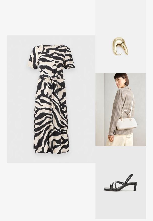 Abito avvolgente nero e beige con maniche corte, cintura con nodo e motivo a strisce di zebra in un tessuto leggero.; Sandalo nero con cinturini, dalla punta squadrata e tacco basso a blocco. Presenta diversi cinturini sottili e una cinturini regolabile alla caviglia. Realizzato in pelle liscia.; Borsa a mano bianca strutturata con manici corti e tracolla, dotata di dettagli in metallo dorato e materiale testurizzato, esposta su uno sfondo grigio.; Orecchino in metallo color oro con un design elegante e curvo. Presenta una forma appuntita distintiva, superficie lucida e chiusura a cerniera.