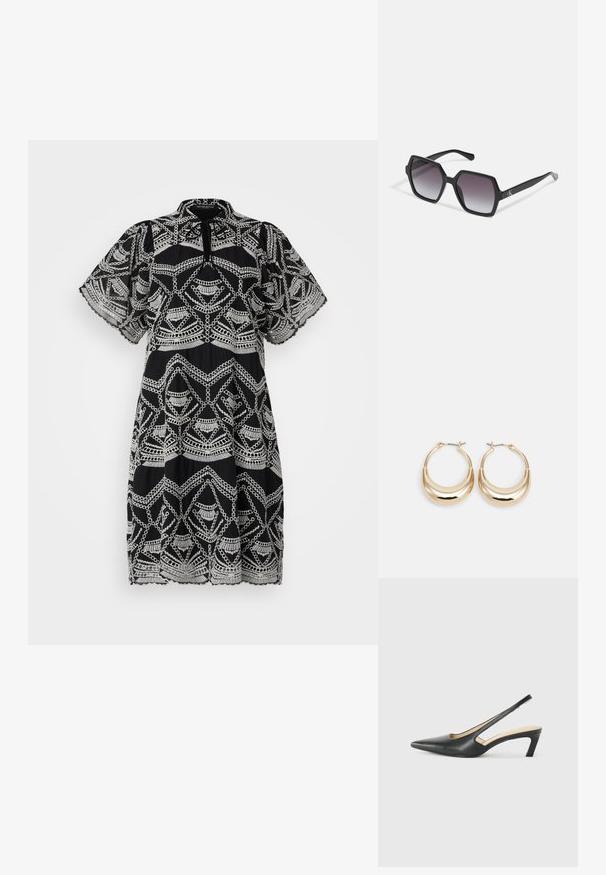 Rochie neagră cu modele geometrice albe, cu mâneci scurte tip fluture, guler chinezesc și o lungime până la genunchi, accentuată cu dantelă.; Pantof cu toc mic, cu vârf ascuțit și slingback, realizat din piele netedă, având un design decupat pe lateral pentru respirabilitate.; Ochelari de soare hexagonali negri cu lentile graduat, având o finisare lucioasă și o marcă subtilă pe braț. Construcție din plastic durabil.; Cercei tip hoop cu tonuri de aur, în formă de semilună, cu suprafață lustruită și închidere cu balama. Textură netedă și finisaj reflectant care îmbunătățesc vizibilitatea.