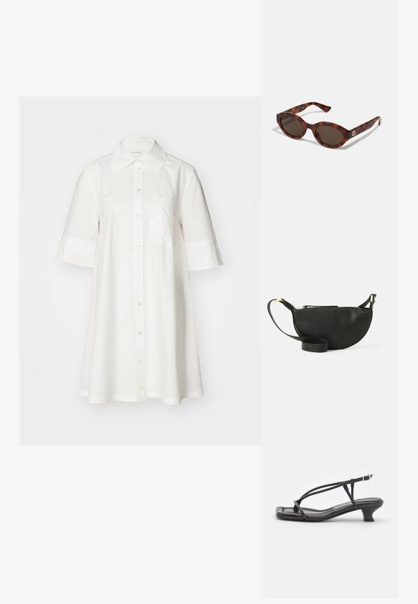 Abito camicia bianco in cotone con maniche corte, chiusura frontale con bottoni e taschino sul petto. Presenta un colletto classico e un design dalla vestibilità ampia.; Sandalo in pelle nera con cinturini sottili, tacco basso a blocco e punta quadrata. Presenta una chiusura con fibbia e una superficie liscia.; Occhiali da sole in tartaruga con montatura arrotondata, lenti scure e dettagli in oro sul tempio. Materiale in plastica liscia, senza schemi visibili.; Borsa a tracolla in pelle nera a forma di mezzaluna, superficie texturizzata, zip dorata e tracolla piatta. Design compatto adatto per gli essenziali.