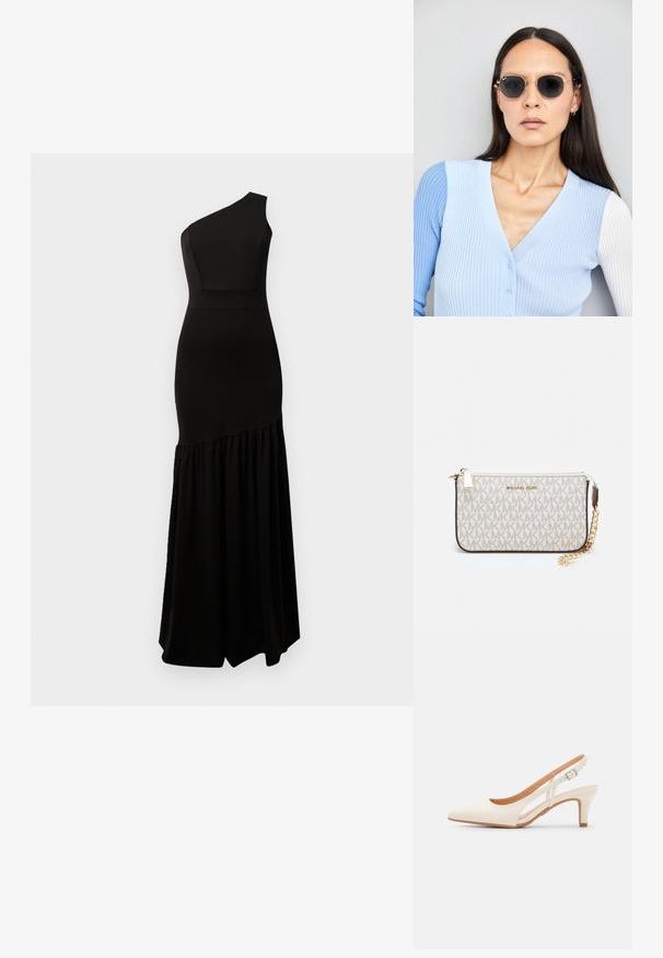 Juodas vieno peties suknelė pagaminta iš lygaus audinio. Prigludęs liemuo pereina į plazdančią, raukinę sijoną. Minimalistinis dizainas su elegantiška siluetu.; Balti slingback kulniukai su smailiu pirštu, lygia viršutine medžiaga, žemu blokuotu kulnu ir šoniniu išpjovimu su reguliuojamu sagtimi.; Apskriti saulės akiniai su tamsiais objektyvais ir auksiniais rėmeliais. Modelis vilki šviesiai mėlyną, raukinį kardiganą su mygtukais ir kontrastingomis baltomis rankovėmis.; Michael Kors rankinė smėlio spalvos dengto kanvoje su pakartotiniu MK logotipo raštu, auksinėmis detalėmis ir nuimamu grandininiu dirželiu.