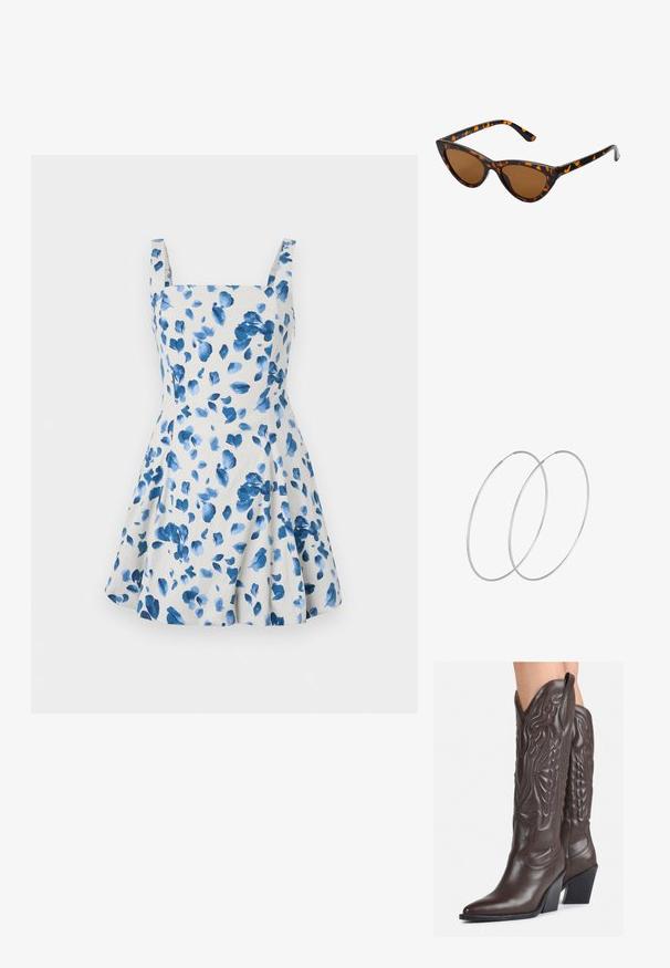Květinové šaty z světle béžového materiálu s modrými akvarelovými listy. Mají čtvercový výstřih a široká ramínka, skládají se z rozšířené sukně.; Hnědé kožené kovbojské boty s špičatou špičkou a blokovým podpatkem, se zdobným prošíváním a vyvýšenými akcenty na nárazu.; Sluneční brýle ve stylu kočičích očí s černo-oranžovým želvovinovým rámem, hnědými skly a elegantními, špičatými konci. Obsahují minimalistické logo na straně.; Stříbrné kruhové náušnice s minimalistickým designem. Kruh, hladký povrch a tenký profil. Lehká konstrukce s lesklým povrchem.