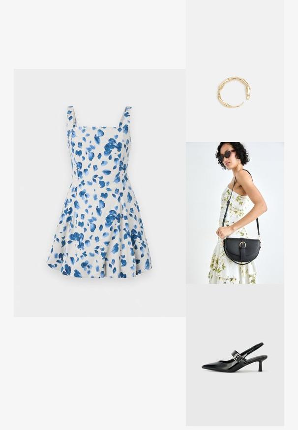 Blumenkleid aus einem hellbeigen Stoff mit blauen Aquarellblättern. Es hat einen quadratischen Ausschnitt und breite Träger sowie ein ausgestelltes Rockdesign.; Schwarze Lackleder Slingback-Absätze mit spitzem Zeh und kleinem Blockabsatz, ausgestattet mit einem silbernen Schnallenakzent am Riemen.; Schwarze Lederhandtasche mit geschwungener Form, abnehmbarem Tragegurt und goldenen Beschlägen. Die Tasche verfügt über einen Deckel mit einer Schnallen-Details.; Goldfarbener Ring mit einem organischen, gedrehten Design, glatter Oberfläche und sich verjüngenden Enden, was ein modernes, skulpturales Erscheinungsbild erzeugt.