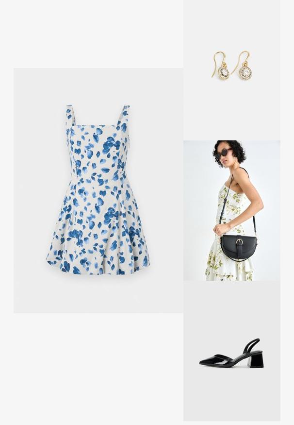 Robe florale en tissu beige clair avec des feuilles aquarelle bleues. Présente un décolleté carré et de larges bretelles, design de jupe évasée.; Escarpins en cuir verni noir avec bout pointu et talon bloc géométrique. Présente un design élégant et minimaliste ainsi qu'une texture lisse.; Sac à main en cuir noir avec une forme courbée, bandoulière amovible et des accessoires en or. Le sac est doté d'un rabat avec un détail de boucle.; Boucles d'oreilles en ton or avec des cristaux transparents en forme d'ovale entourés de plus petits cristaux transparents, dotées d'un design à crochet pour un port sécurisé.