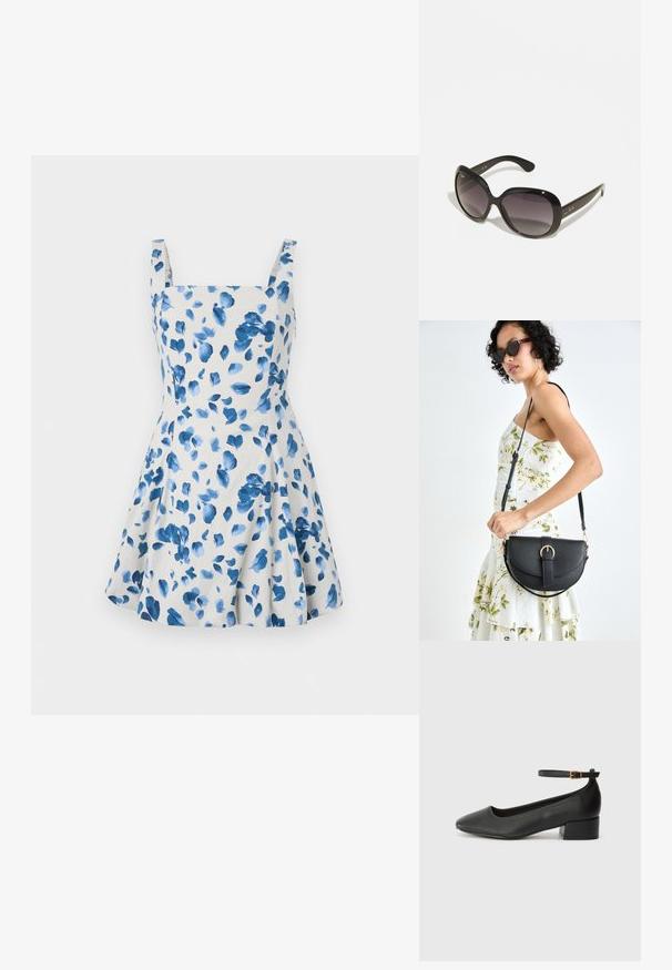 Floral dress in light beige fabric with blue watercolor leaves. Features a square neckline and wide shoulder straps, flared skirt design.; Black leather pump with a pointed toe and a low block heel. Features an ankle strap with a gold-tone buckle. Smooth texture.; Black sunglasses with oversized, rounded frames. Lenses gradient from dark to light. Features a sleek, glossy finish and subtle logo accents on temples.; Black leather handbag with a curved shape, detachable strap, and gold hardware. The bag features a flap with a buckle detail.