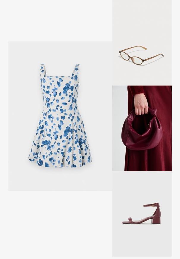 Kergelt beežist kangast lillemustriga kleit, millel on sinised akvarelllehted. Omab ruudukujulist kaelust ja laiu õlavarre rihmasid, lõtv seeliku disaini.; Burgundi nahkainel sandaal ruudukujulise varbaga, peene pahkluu rihmaga, kuldse riistvaraga ja paksu plokk-kanna. Sile tekstuur ja minimalistlik disain.; Pruunid kilpkonnaläätsed ovaalsete objektiividega, õhukesed kaared ja läbipaistvad aktsendid. Templi peal on peene logoga. Sujuv, kergesti kandmiseks mõeldud disain.; Burgundia värvi nahk käekott, millel on pehme, kokku tõmmatav disain ja ümar kuju. Käepide on kindlalt kinnitatud, näidates siledaid pindu.