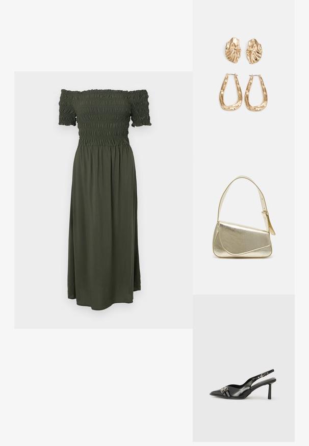 Tamsiai alyvuogių žalia suknelė, be pečių, su raukiniais krūtinėje, trumpomis rankovėmis ir tekanti, iki kulkšnies ilgumo sijonu. Minkšta, lengva medžiaga.; Juodas lakuotas odinis batelis su smailiu pirštu, kulkšnies dirželiais su sidabrinėmis sagtimis ir detalėmis, bei plonu kulnu.; Aukso metalinės rankinės su struktūrizuotu dizainu, lygaus paviršiaus ir reguliuojama dirželiu. Pasižymi unikaliu trikampiu pavidalu ir minimalizmu siuvinėjime.; Auksinės auskarai, turintys tekstūruotus, bangų formos elementus. Įeina skulptūriniai segami auskarai ir atviri lankai su išmuštu paviršiumi.