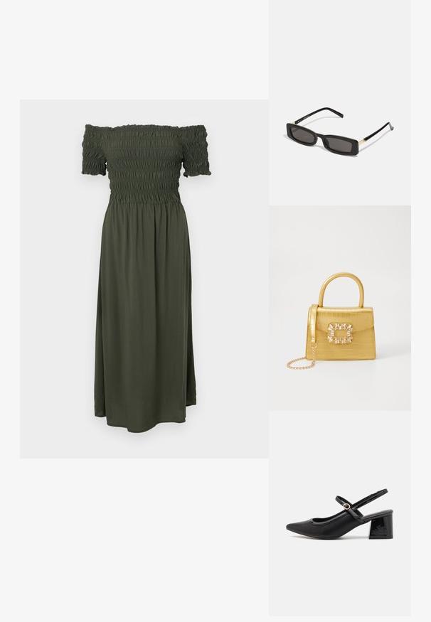 Off-shoulder kjole i mørk olivengrønn, med smocket overdel, korte ermer og en flytende, ankel-lang skjørt. Mykt, lett stoff.; Sorte lakk lær slingback hæler med spiss tå, et avrundet utskjæringsdesign og blokkheel. Har en gulltone spenne som detalj.; Svart rektangulære solbriller med mørke linser, blanke plastrammer og gullaksenter på sidene. Minimalistisk design og strømlinjeformet form.; Gul faux-krokodille veske med en strukturert design, toppen håndtak, avtagbar kjede stropp, og dekorativ krystallbortsettelse på låsen.