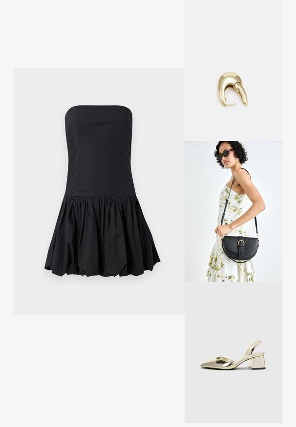 Svart bandeauklänning med figursydd överdel och en volangig, utsvängd kjol. Tillverkad av ett slätt tyg; har en ren, minimalistisk design.; Guld, metalliska slingback-klackar med spetsig tå och chunky klack. Slät textur, minimalistisk design och en smal rem.; Svart läderhandväska med en böjd form, avtagbar rem och guldiga detaljer. Väskan har ett lock med en spänndetalj.; Örhänge i guldtonad metall med en elegant, böjd design. Har en distinkt spetsig form, polerad yta och gångjärnslås.