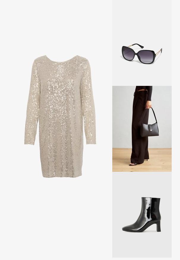 Sukňa s flitrami v svetlej béžovej farbe, s dlhými rukávmi a okrúhlym výstrihom, ktorá má po celom povrchu textúrovaný vzor lesklých, reflexných flitrov.; Čierne lakované členkové topánky s špicatou špičkou a stredne vysokým blokovým podpätkom. Hladká textúra a minimalistický dizajn.; Čierne oversized slnečné okuliare s gradientovými sklíčkami, hrubými rámami a zlatým retiazkovým detailom na stranách.; Čierna kabelka so štruktúrovaným tvarom, hladkou textúrou a kovovou sponou. V kombinácii so širokými čiernymi nohavicami a sandálmi s otvorenou špičkou na drevenej podlahe.