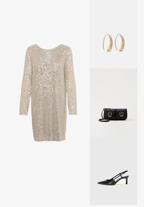 Svetle bež obleke s paillettes in dolgimi rokavi ter okroglo izrezom, ki vsebuje teksturiran vzorec svetlečih, odsevnih paillettes po celotni površini.; Črne lakaste slingback pete s koničastim nosom, ki imajo teksturiran vzorec kačje kože, nastavljiv trak in kratek teksturiran blok peto.; Črna usnjena torbica čez ramo z dvema sprednjima žepoma, zlatimi zaponkami, zadrgo in ozkim pasom. Tekstura površine je strukturirana, obliko pa ima kompaktno pravokotno.; Zlato-tonirani kovinski uhani v obliki obroča s krivuljo in podolgovato obliko. Imajo gladko, sijočo površino in zaobljen vrh za dodaten detajl.