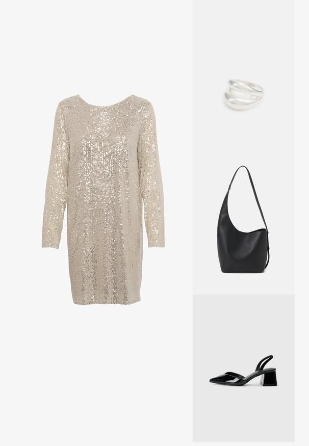 Svetle bež obleke s paillettes in dolgimi rokavi ter okroglo izrezom, ki vsebuje teksturiran vzorec svetlečih, odsevnih paillettes po celotni površini.; Črne lakirane slingback pete s koničastim nosom in geometrijsko blokasto peto. Imajo eleganten, minimalističen dizajn in gladko teksturo.; Črna usnjena hobo torba z gladko teksturo, ukrivljeno obliko in eno nastavljivo naramnico; ima širok odprtina na vrhu.; Srebrn dvojni prstan z gladko, polirano površino. Ima tekoč, ukrivljen dizajn z prekrivajočimi se sekcijami za sodoben videz.